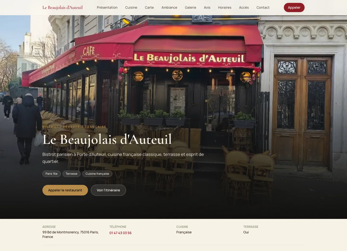 Aperçu desktop du site Le Beaujolais d’Auteuil conçu par Agence Digi