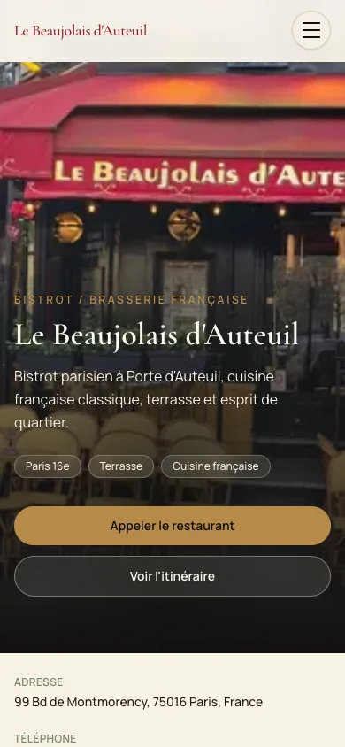 Aperçu mobile du site Le Beaujolais d’Auteuil conçu par Agence Digi