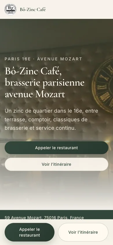 Aperçu mobile du site Bô Zinc Café conçu par Agence Digi