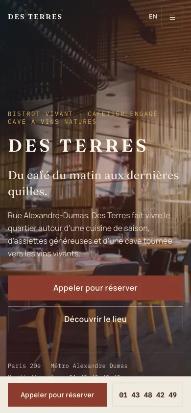 Aperçu mobile du site Des Terres conçu par Agence Digi