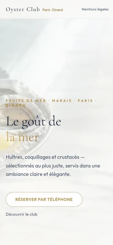 Aperçu mobile du site Oyster Club Paris conçu par Agence Digi